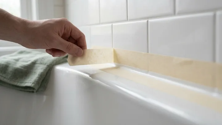 Ruka strhává malířskou pásku podél čerstvé silikonové spáry, pod páskou zůstává rovná hrana