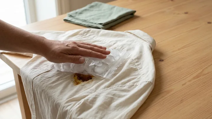 Ruka přitlačuje sáček s kostkami ledu na zaschlou smůlu na krémové bavlněné košili