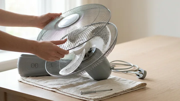 Ruce odklápějí přední mřížku ventilátoru, za ní je vidět vrstva prachu na lopatkách vrtule