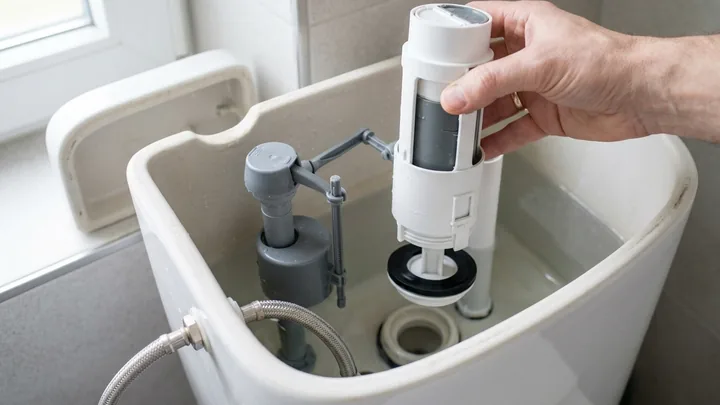 Ruka zvedá horní část vypouštěcího ventilu z WC nádržky, na jejím dně je vidět kulaté gumové těsnění
